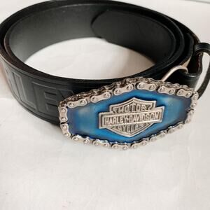 Vintage 70s/80s Harley-Davidson Leather Belt with Blue Enamel Buckle Size 36